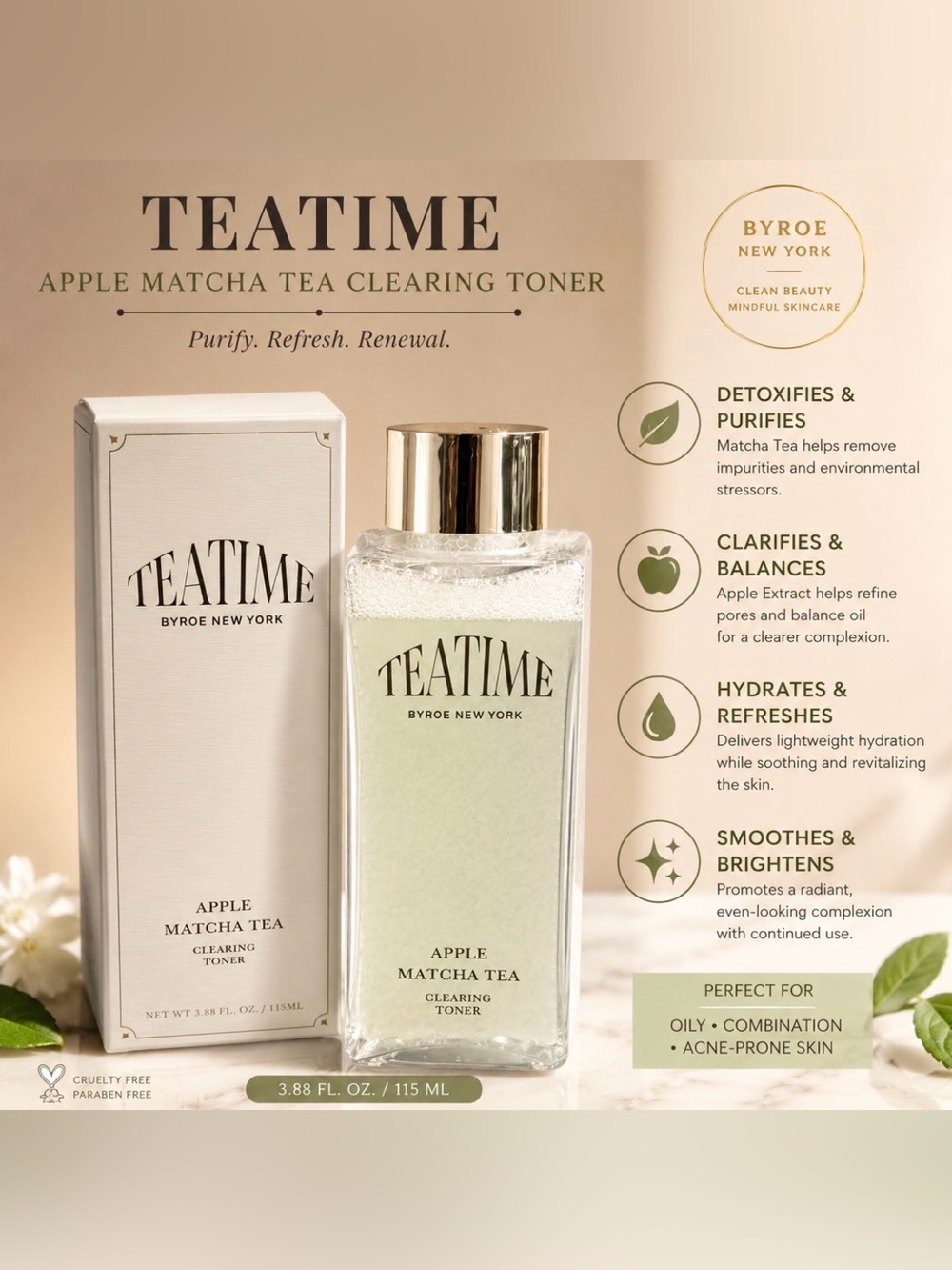 BYROE Apple Matcha Tea Clearing Toner 3.88 fl.oz. /115ml NIB MSRP 67.00